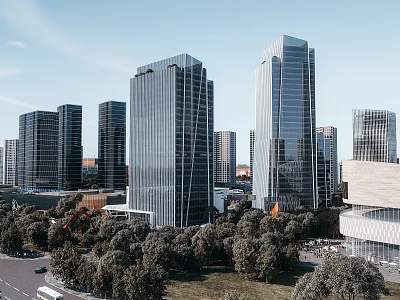 Modern High Rise Office Building Featuring Glass Curtain Walls Trees Road And Urban Landscape 3d model