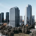 Modern High Rise Office Building Featuring Glass Curtain Walls Trees Road And Urban Landscape