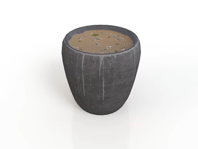 Hand Carved Dark Gray Ceramic Pot With Soil And Small Plants Design 3d model