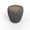 Hand Carved Dark Gray Ceramic Pot With Soil And Small Plants Design