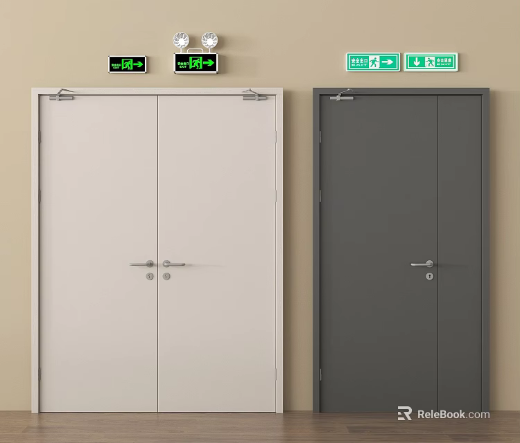 White And Gray Fire Doors With Safety Exit Signs And Electronic Displays 3d model 