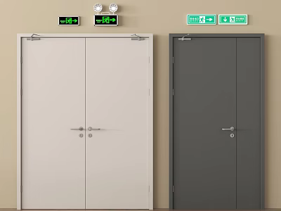 White And Gray Fire Doors With Safety Exit Signs And Electronic Displays 3d model
