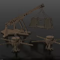 Ancient Wooden Mechanical Device With Catapult Frame Spoked Supports And Suspended Basket