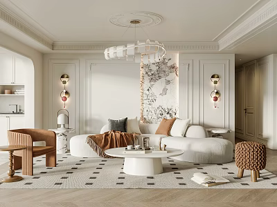 Modern Living Room Interior With White Sofa Round Coffee Table Chandelier And Wall Art 3d model