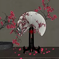 Traditional Decorative Ornament Set With Plum Blossom Fan Bonsai Tree And Scattered Petals