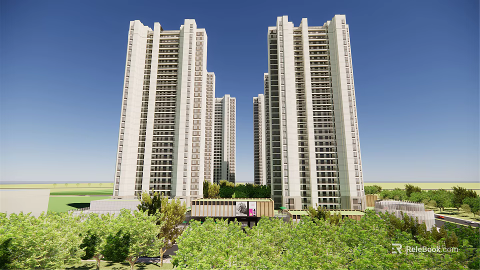 Modern High Rise Residential Buildings Exterior With Greenery And Blue Sky 3d model 