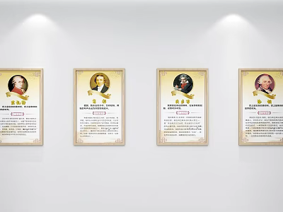 Four Framed Biographical Portraits With Historical Figures And Text On Wall 3d model