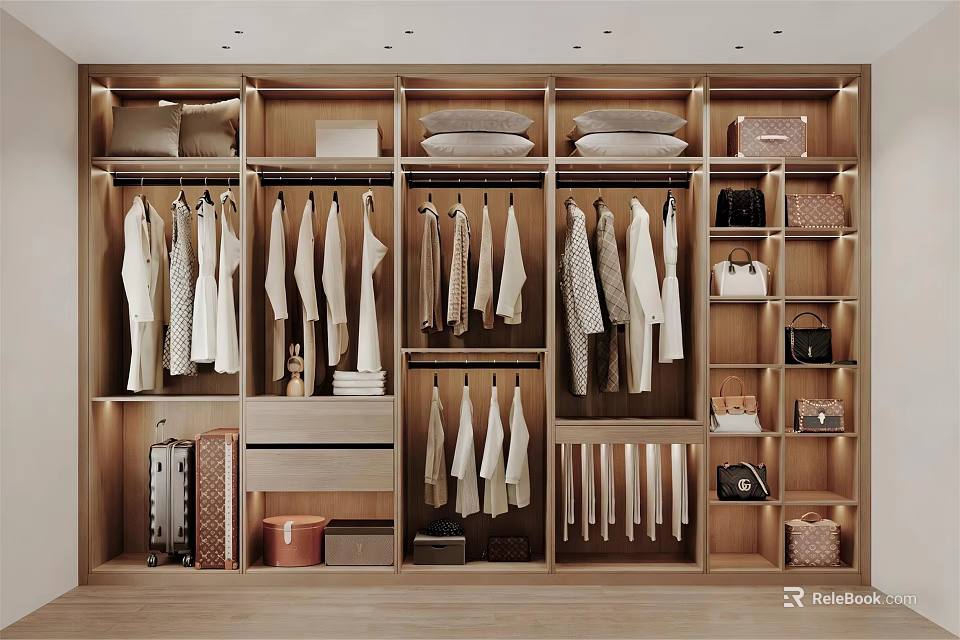 Modern Walk In Closet Design With Wooden Cabinets Hanging Clothes And Storage Items 3d model 