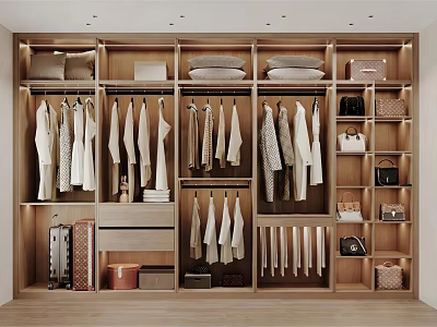 Modern Walk In Closet Design With Wooden Cabinets Hanging Clothes And Storage Items 3d model