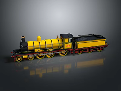 Yellow Steam Train Model With Black Chimney Red Wheels And Carriage Design 3d model