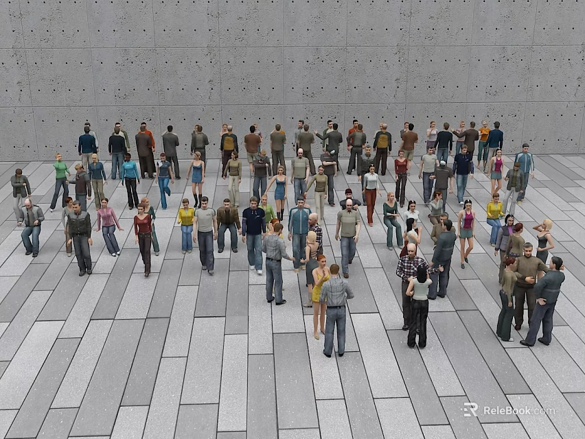 Large Group of People in Open Space with Gray Walls and Floors 3d model 