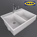 White Double Basin Kitchen Sink With Chrome Faucet Central Drain And Smooth Surface