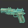 Golden Decorative Futuristic Pistol With Intricate Design And Blue Tech Accents