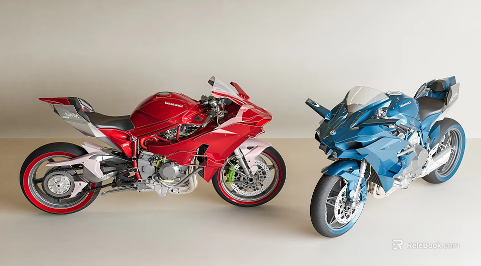 Red and Blue Super Sport Motorcycles with Sleek Design Parked Indoors 3d model 