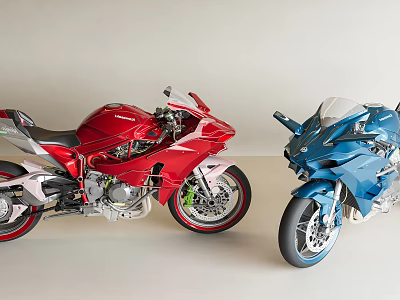 Red and Blue Super Sport Motorcycles with Sleek Design Parked Indoors 3d model