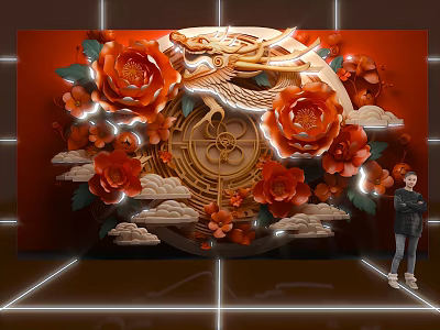 Chinese Traditional Scene With Dragon Peony Clouds Modern Lighting And Figure 3d model