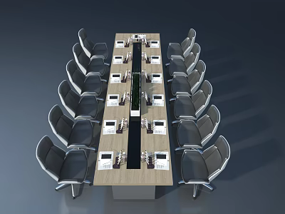 Spacious Conference Room With Long Wooden Table Ergonomic Chairs And Table Items 3d model