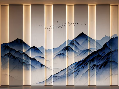 Oriental Mountain Landscape Screen With Flying Birds And Vertical Stripe Lighting 3d model