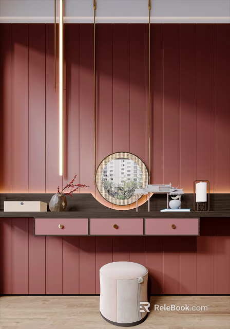 Modern Dressing Table with Round Mirror on Pink Wall and Decorative Items 3d model 