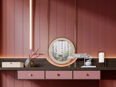 Modern Dressing Table with Round Mirror on Pink Wall and Decorative Items 3d model