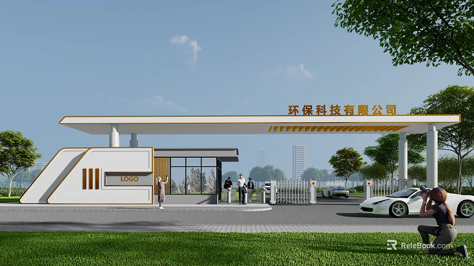 Modern Entrance Gate of Environmental Protection Technology Company With Security Booth and Greenery 3d model 