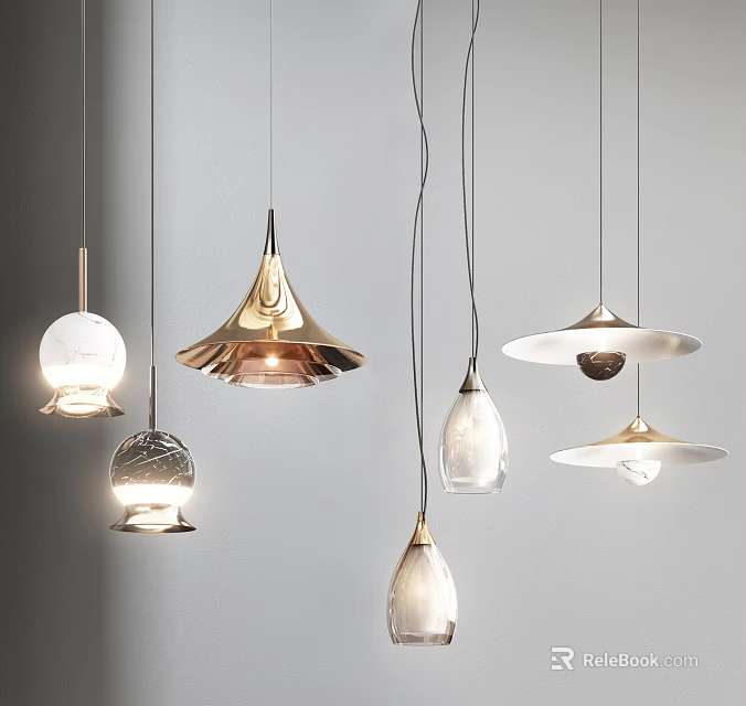 Modern Contemporary Hanging Chandeliers With Diverse Shapes Metallic Frames And Glass Shades 3d model 