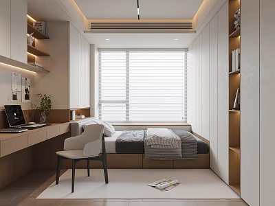 Tatami Bedroom Interior Design With Desk Chair Window Blinds And Built In Bookshelves 3d model