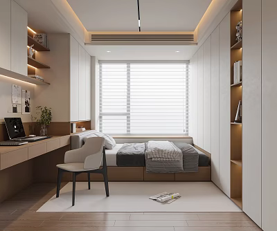 Tatami Bedroom Interior Design With Desk Chair Window Blinds And Built In Bookshelves 3d model