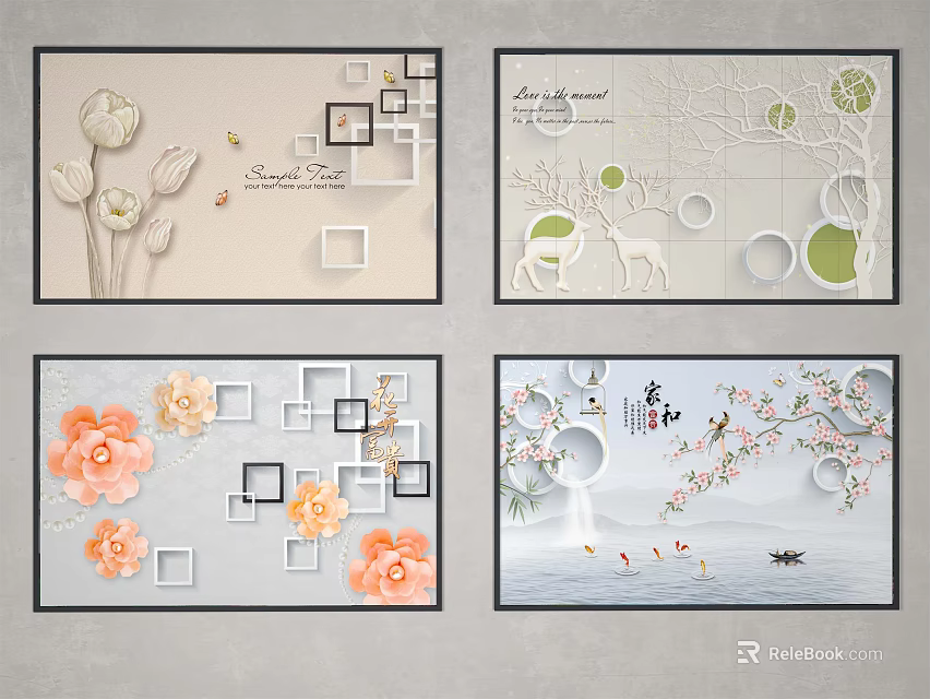 Decorative Plant Paintings Wall Art Featuring Floral Elements Geometric Patterns And 3D Design 3d model