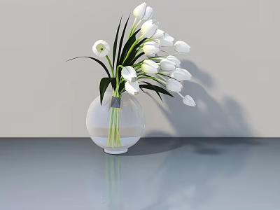 Stylish Swing Door Setting With White Tulips Green Stems In Glass Vase 3d model