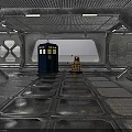 Sci Fi Futuristic Scene With Metallic Floor Blue Police Box Yellow Robot Industrial Ceiling Lights