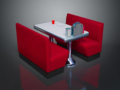 Retro Dining Table With Red Upholstered Benches White Top And Silver Metal Legs 3d model