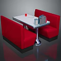 Retro Dining Table With Red Upholstered Benches White Top And Silver Metal Legs
