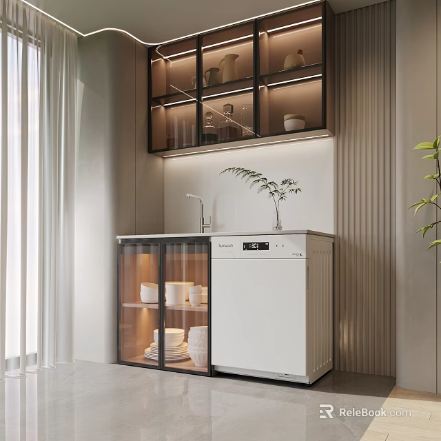 Modern Sideboard With Glass Doors White Tableware Dishwasher And Decorative Plant in Kitchen 3d model 