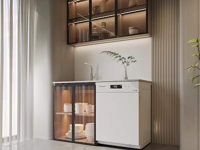 Modern Sideboard With Glass Doors White Tableware Dishwasher And Decorative Plant in Kitchen 3d model