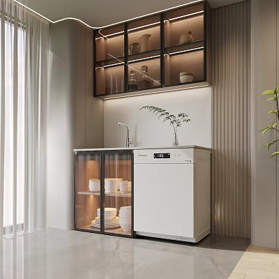 Modern Sideboard With Glass Doors White Tableware Dishwasher And Decorative Plant in Kitchen 3d model
