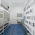 Industrial Workshop Interior With Equipment Shelves Workbenches Blue Floor And Red Lines