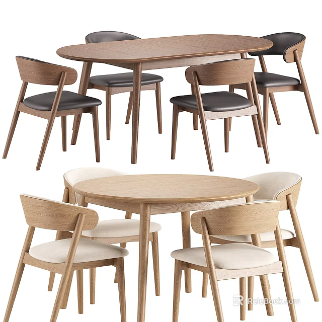 Modern Wooden Dining Table Set With Round Top And Upholstered Gray Beige Chairs 3d model 