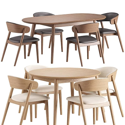 Modern Wooden Dining Table Set With Round Top And Upholstered Gray Beige Chairs 3d model