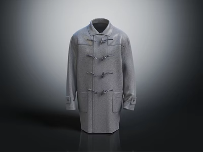 Gray Long Length Woolen Coat With Toggle Buttons And Stand Collar Design 3d model