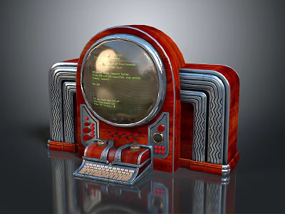 Vintage Radio With Wooden Case Round Display Screen Silver Corrugated Sides And Typewriter Style Keyboard 3d model