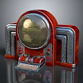 Vintage Radio With Wooden Case Round Display Screen Silver Corrugated Sides And Typewriter Style Keyboard