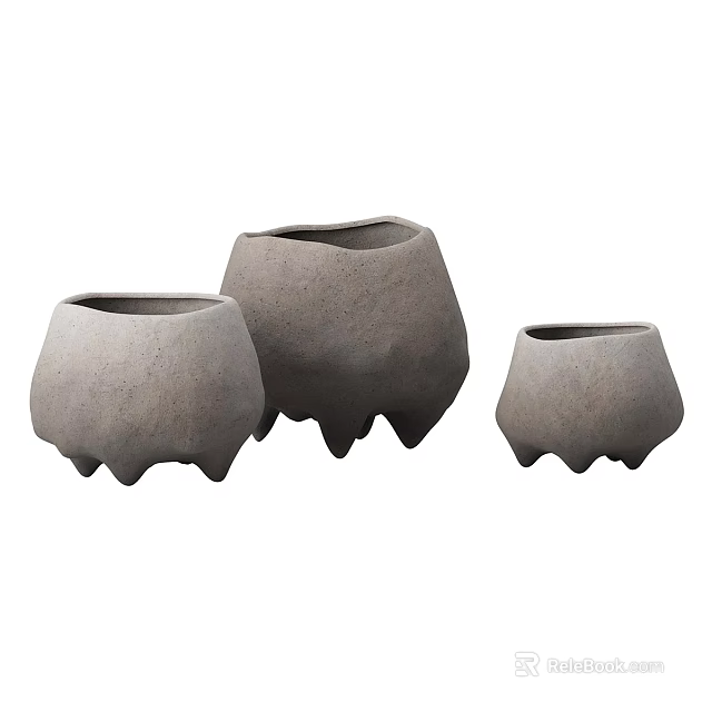 Three Different Sizes Gray Ceramic Pots with Irregular Shape and Footed Base 3d model 