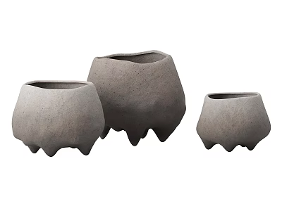 Three Different Sizes Gray Ceramic Pots with Irregular Shape and Footed Base 3d model
