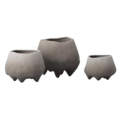 Three Different Sizes Gray Ceramic Pots with Irregular Shape and Footed Base 3d model
