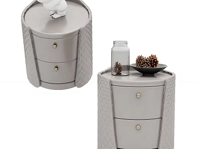 Two Modern Gray Upholstered Nightstands with Drawers Pinecones and Glass Bottle on Top 3d model