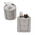 Two Modern Gray Upholstered Nightstands with Drawers Pinecones and Glass Bottle on Top