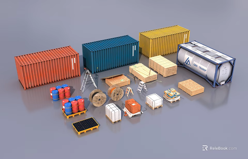 Industrial Equipment Including Colorful Containers Wooden Crates Metal Frames And Gas Cylinders 3d model 