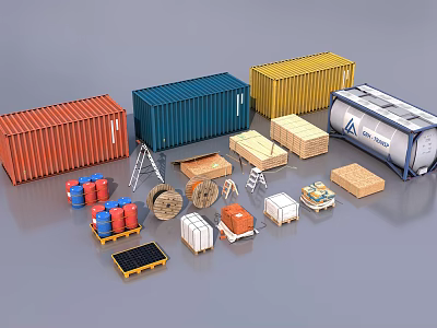 Industrial Equipment Including Colorful Containers Wooden Crates Metal Frames And Gas Cylinders 3d model