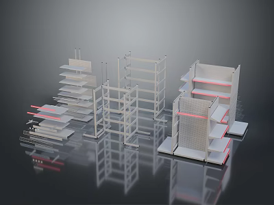 Modern Retail Display Shelving Units With White Frames And Red Accents 3d model
